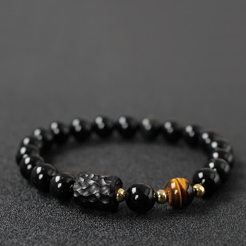 Armband Schwarzer Obsidian Tigerauge Paar – Stärke mit goldenen Perlen