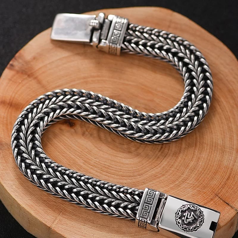 Silbernes geflochtenes Armband Om Mani Padme Hum Frieden Balance Holz.
