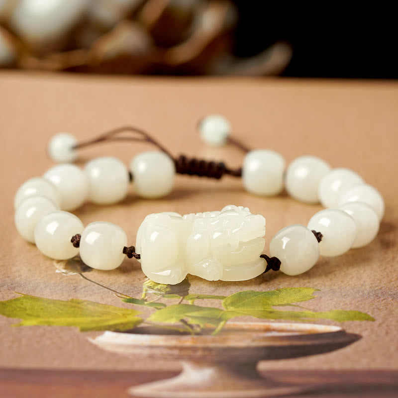 Armband Weiße Jade Pixiu – Wohlstand mit Perlen und Schnur