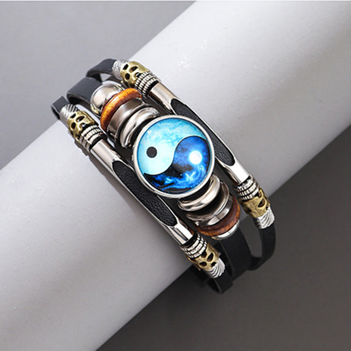 Armband Yin Yang Balance Energie blauem Stein schwarzem Leder Handgelenk