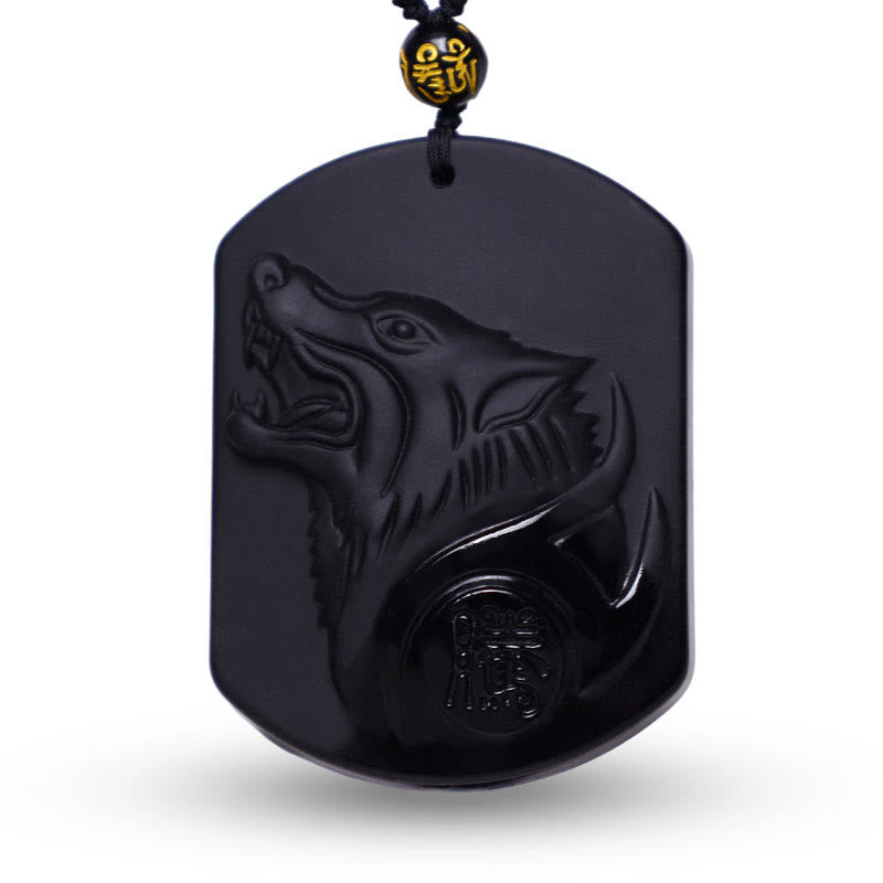 Schwarzer Obsidian Anhänger Wolf Naturstein Kette Pendant Schmuck