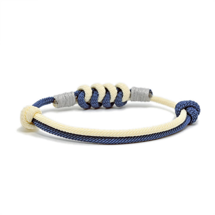Armband Geflochten Knoten – Stärke blau creme Seil elastisch verstellbar.