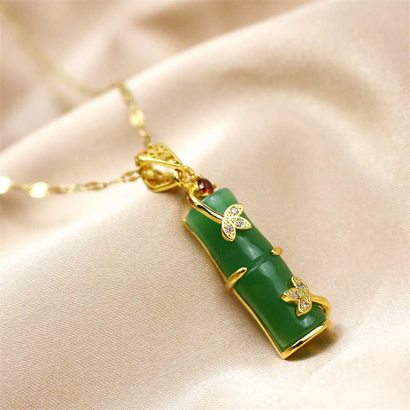 Jade Bambus Anhänger grün Gold Schmuck Glück Schutzstein Kette