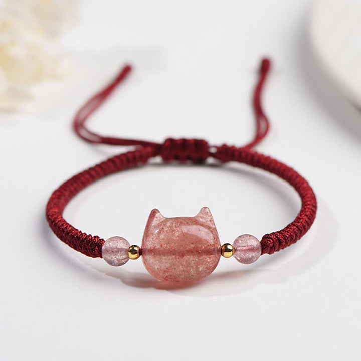 Armband Silber Obsidian Erdbeerquarz Katze – Schutz