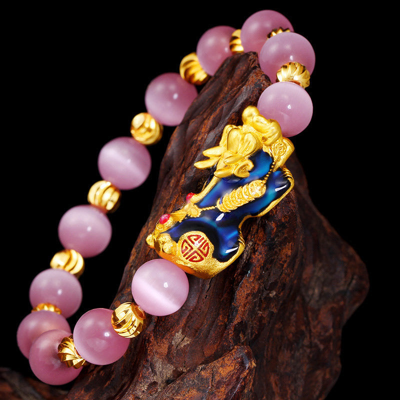 Pixiu Armband mit rosa Rosenquarz Perlen und goldenem Pixiu Anhänger