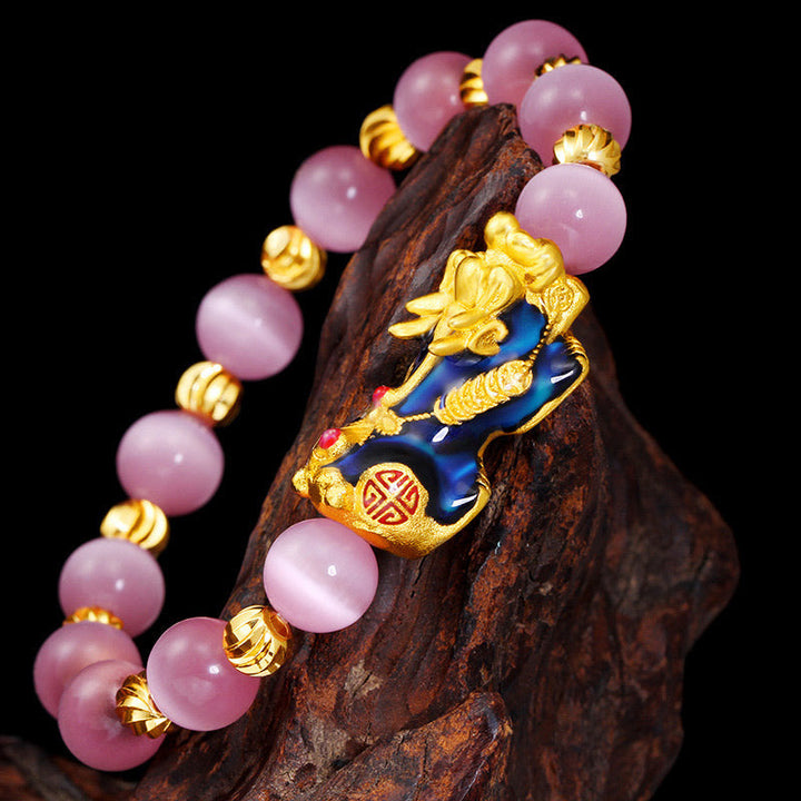 Pixiu Armband mit rosa Rosenquarz Perlen und goldenem Pixiu Anhänger