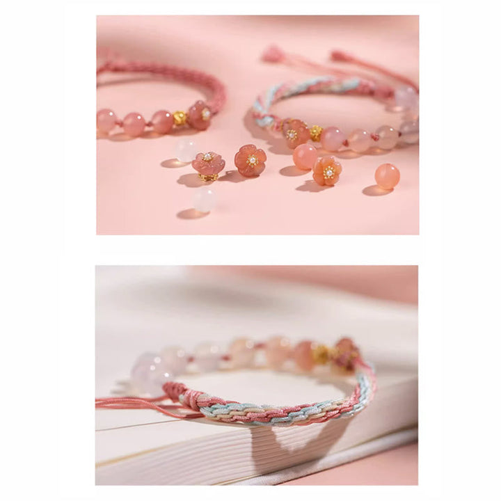 Armband Achat Pfirsichblüte mit rosa Perlen und goldenem Zubehör elastisch.