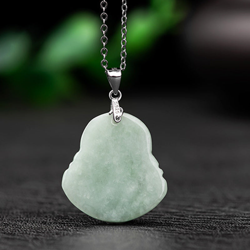 Jade Lachender Buddha Segen Heilstein Anhänger an silberner Kette