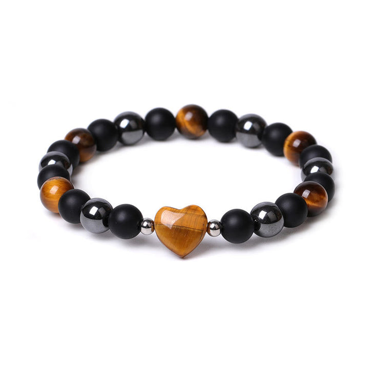 Armband Schwarzer Onyx Tigerauge – Schutz & Liebe mit Herzanhänger elegant
