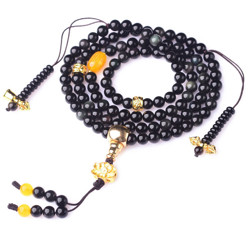Armband Schwarzer Obsidian Lotus mit goldenen Perlen Anhänger