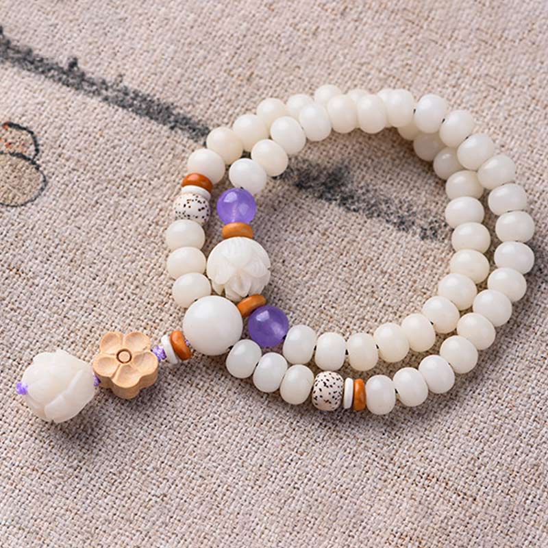 Armband Weiße Jade Bodhi Lotus mit orange und lila Perlen elastisch