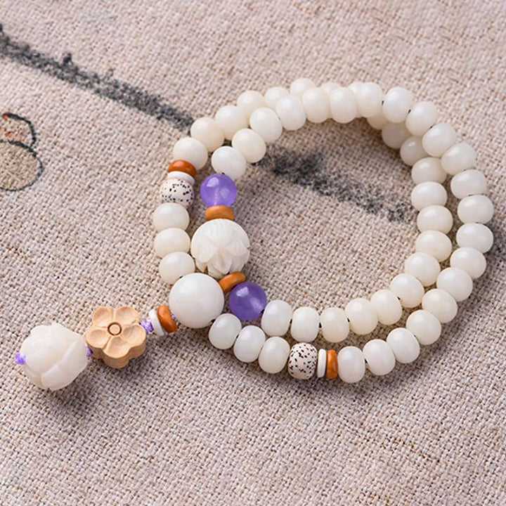 Armband Weiße Jade Bodhi Lotus mit orange und lila Perlen elastisch