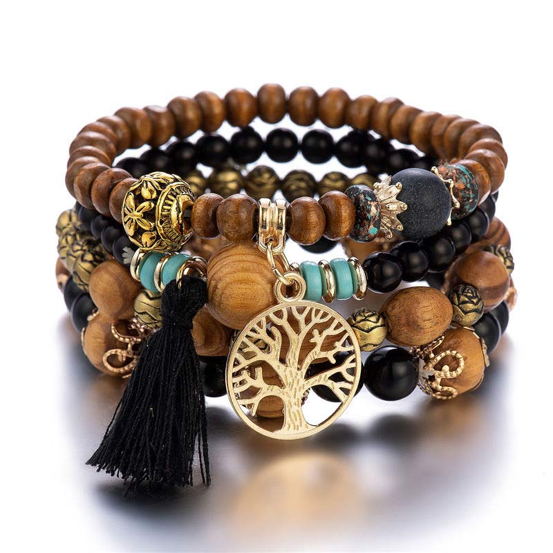 Armband – Heilung Holzperlen Baum Anhänger Schwarz Braun Gold