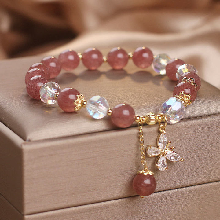 Armband Erdbeerquarz Schmetterling Kristall rosé Perlen elegant Schmuck