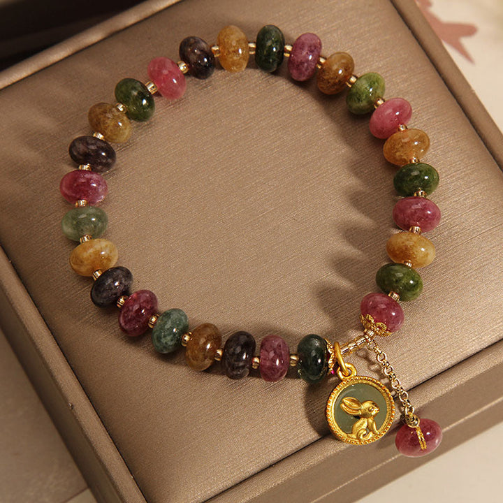 Armband Bunt Tourmaline Hase elastisch Naturstein Perlen Gold Charm