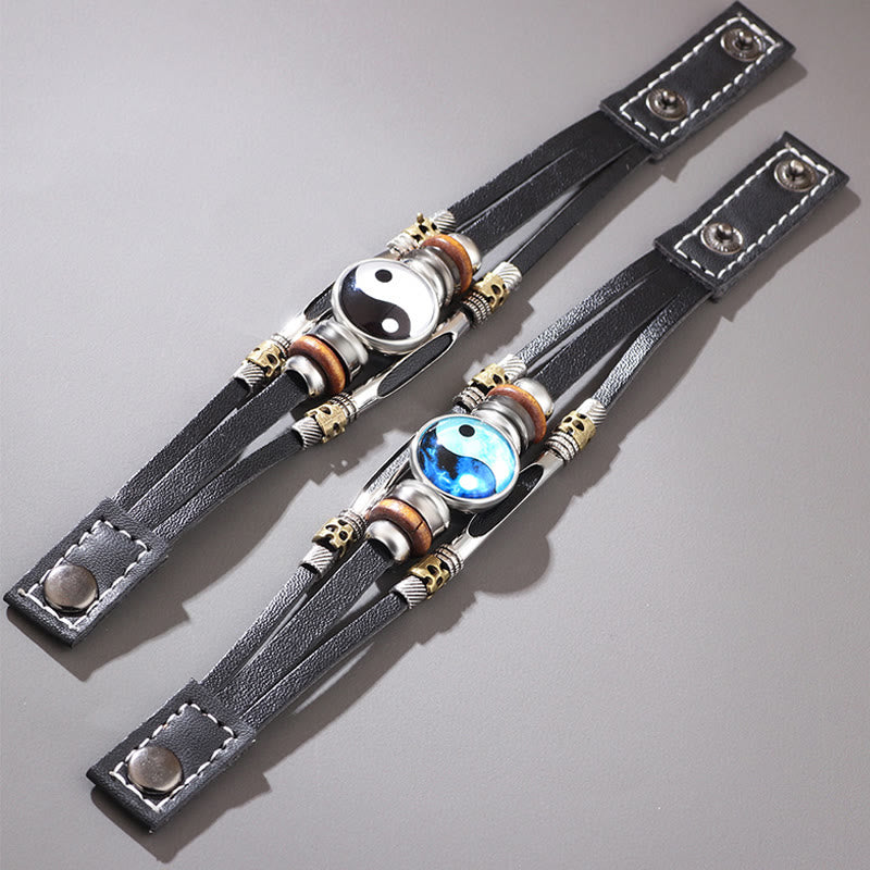Armband Yin Yang Balance Energie schwarzes Leder Naturstein Perlen
