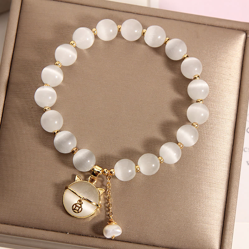 Armband Perle Katze Liebe weiße Perlen goldene Katzen Charm Anhänger