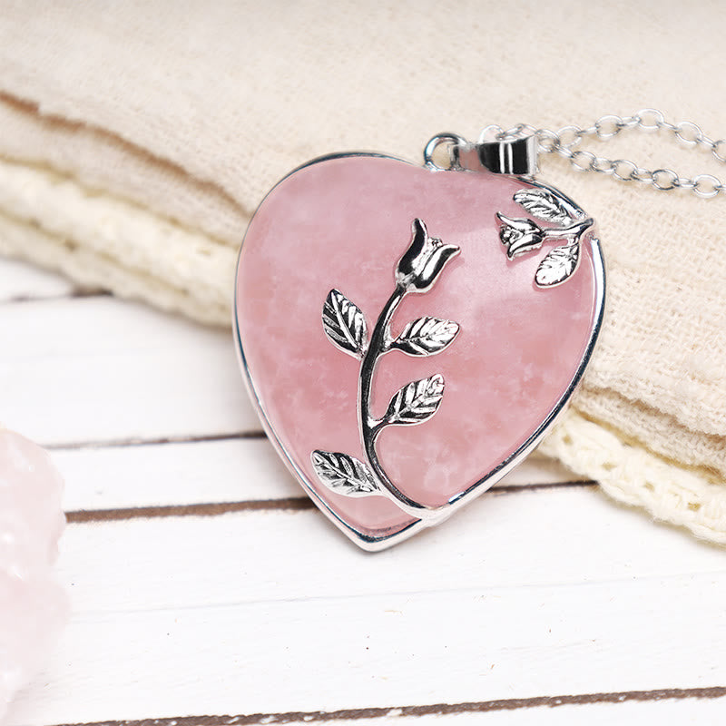 Rosaquarz Herzanhänger Kette mit Blume Silber Naturstein Schmuck.