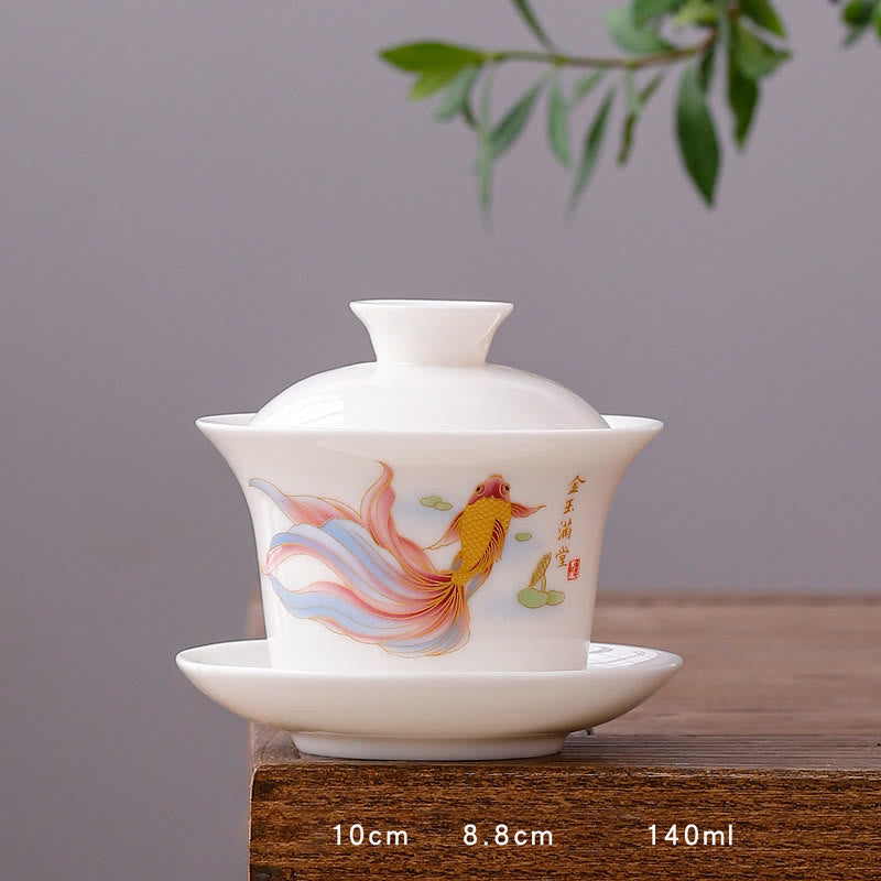 Teetassen Mit Untertasse Gaiwan Berge Porzellan Lange Tasse - Koi-Fisch