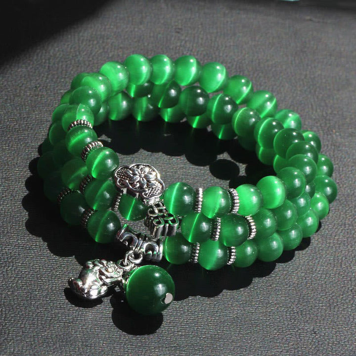 Grünes Katzenauge Armband PiXiu Dreifach Perlen Silber Verschluss