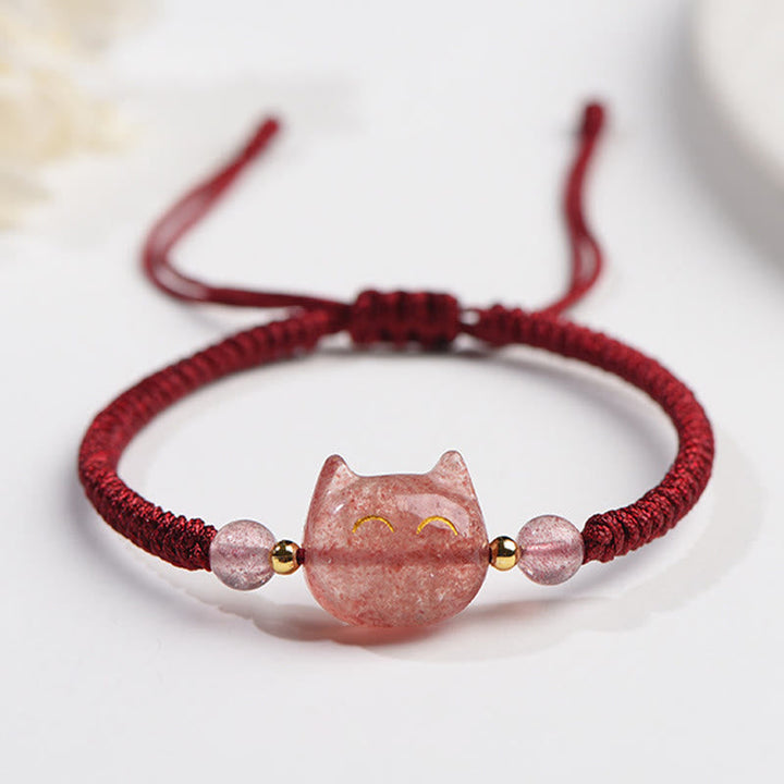 Armband Silber Obsidian Erdbeerquarz Katze – Schutz