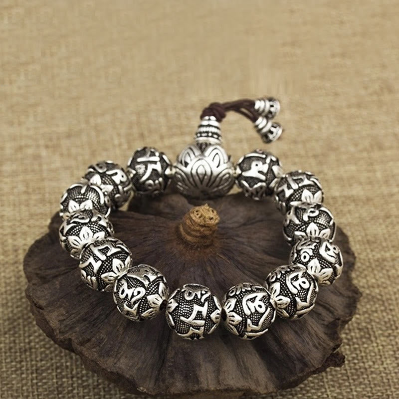 Silbernes Armband Om Mani Padme Hum mit schwarzem Lederschnur elegantes Design.