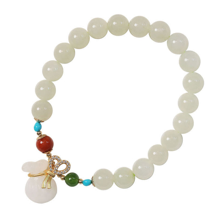 Armband Weiße Jade – Segen mit Türkis und Rot Perlen Anhänger