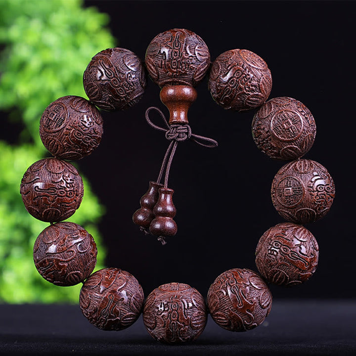 Armband Rosenholz Kupfer Chinesisches Tierkreis Perlen Schnitzerei Schmuck