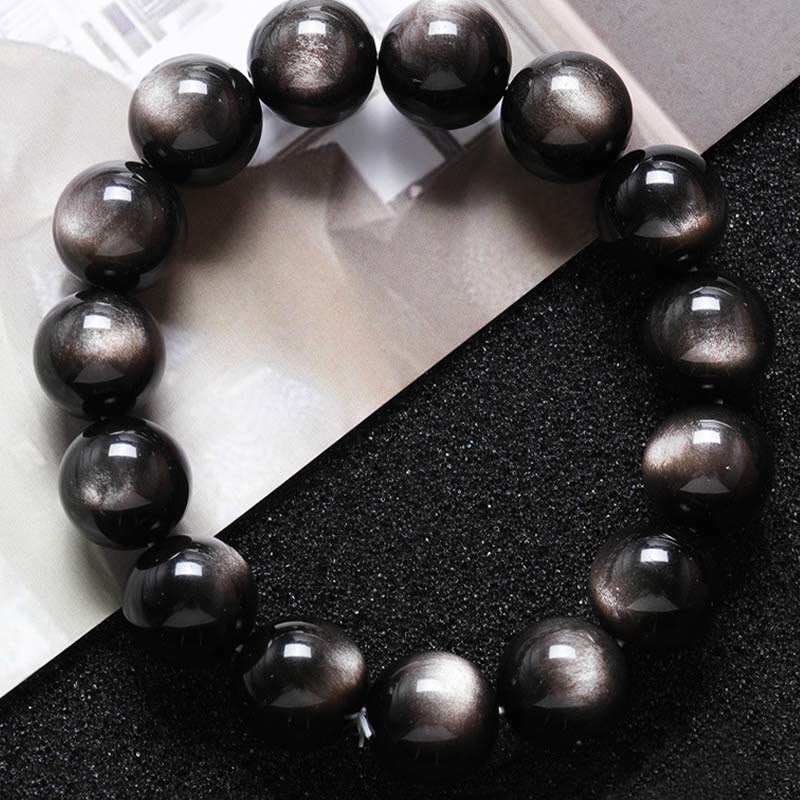 Obsidian Armband Silber Obsidian – Schutz schwarze glänzende Perlen Flachlage