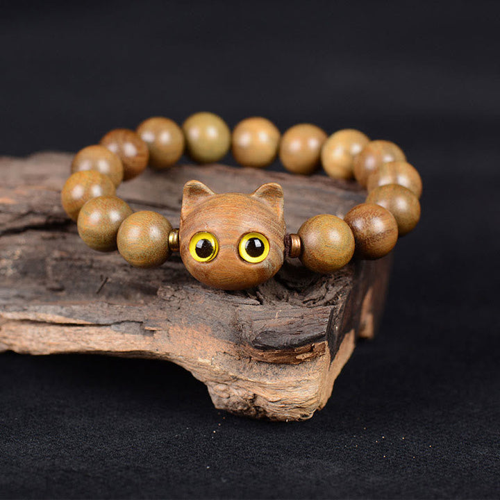 Armband Sandelholz mit Katze Perlen Naturstein elastisch braun