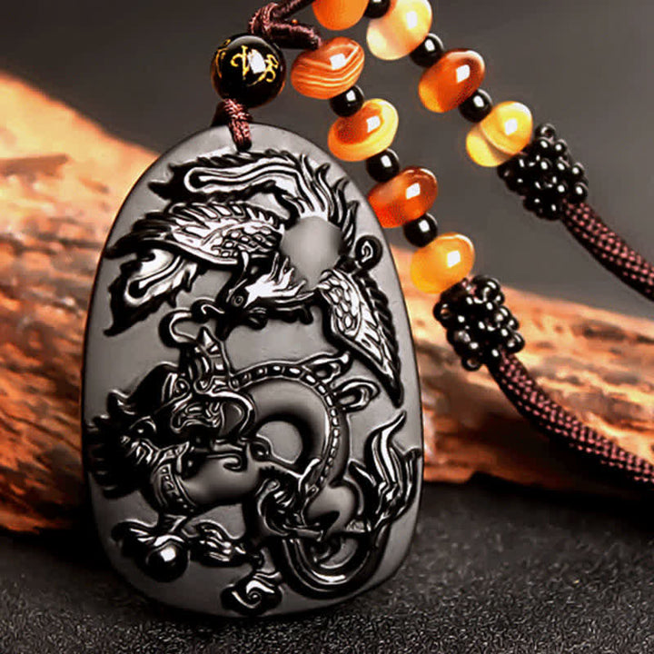 Obsidian Kette Drachen Phönix Schutz Anhänger