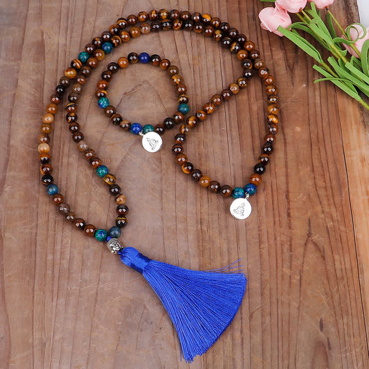 Mala 108 Perlen Tigerauge Stärke Blauquasten Holzperlen Meditation