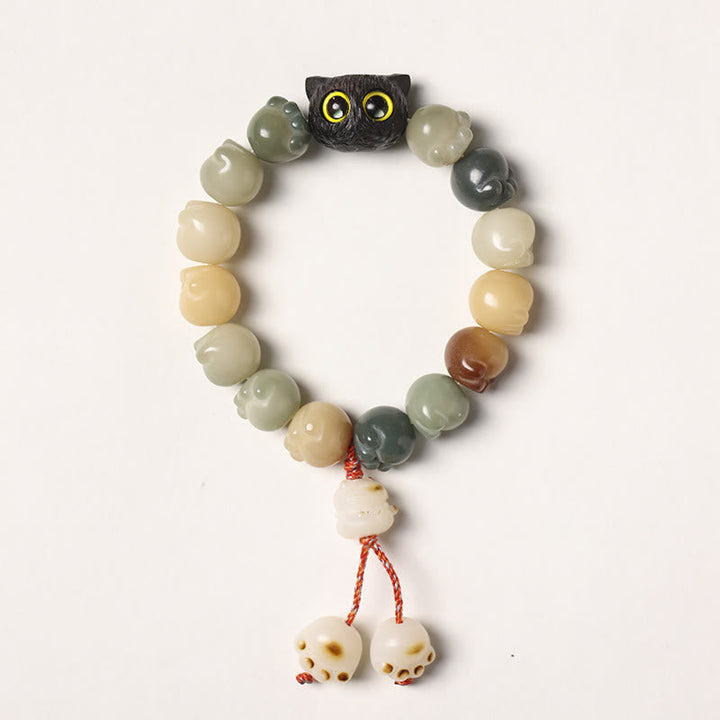 Armband mit Bodhi-Perlen, Ebenholz-Katze und Glücksbringern, elastisch.