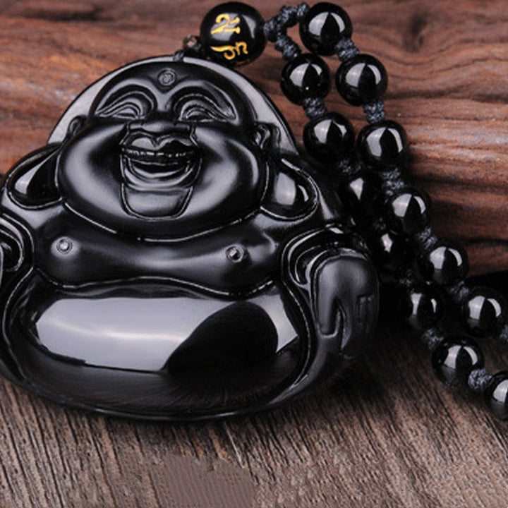 Anhänger Kette Obsidian Lachender Buddha schwarz Perlen