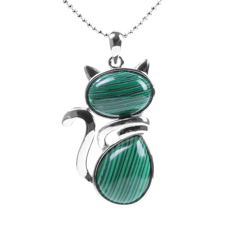 Silberne Kette Malachit Katze Anhänger grüner Stein Schmuck