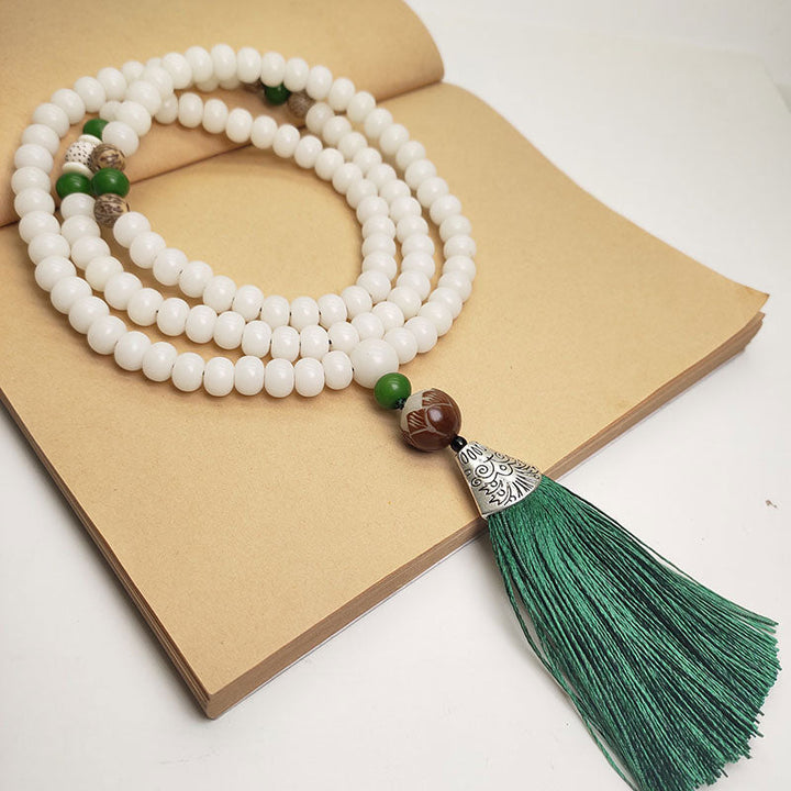 Weiße Jade Mala 108 Perlen Bodhi Grüne Quaste Schutzarmband
