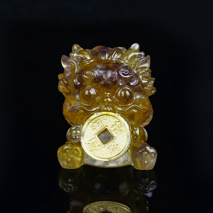 Figur Pixiu Liuli Münze Reichtum Citrin + Amethyst