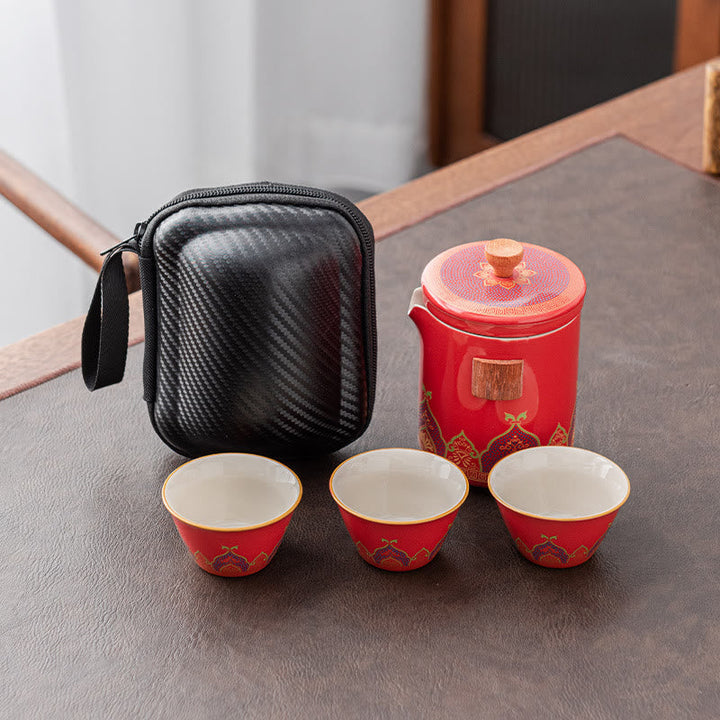 Teeset Rot / 1 Kanne+3 Tassen+1 Tasche
