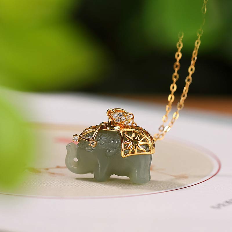 Kette Jade Elefant – Segen & Wohlstand – Bild 2 – Kette Jade Elefant Anhänger Gold – Segen Wohlstand Glücksbringer