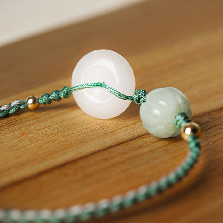 Armband Weiße Jade Glück Frieden grüne Kordel Naturstein elegant