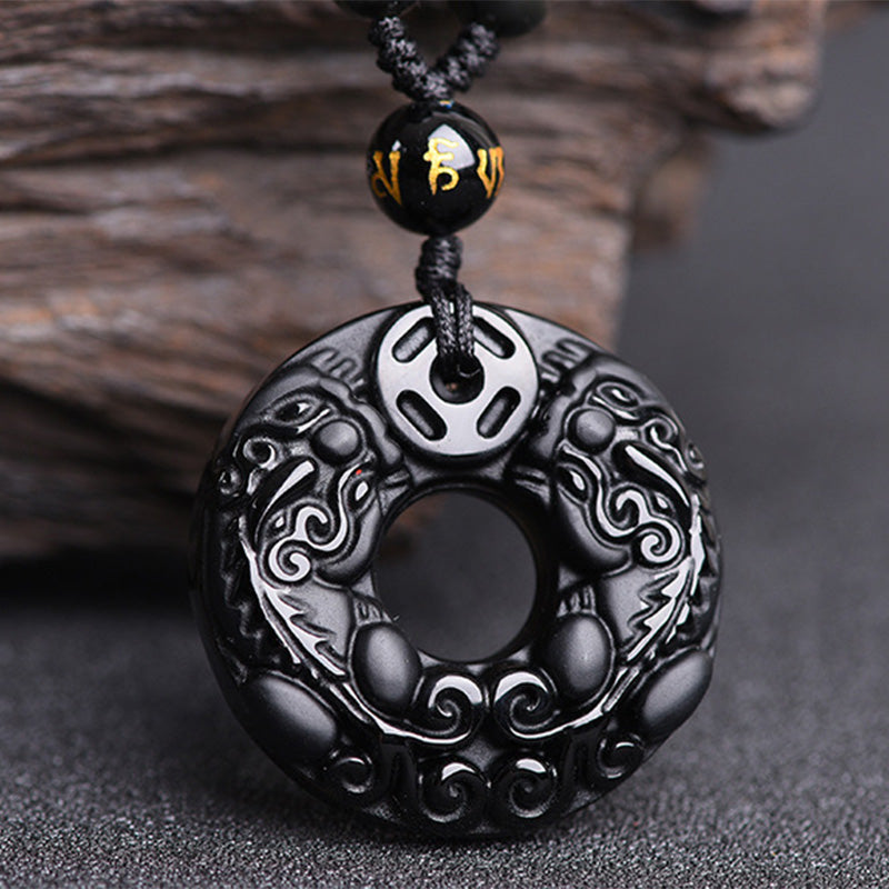 Kette Obsidian Pixiu Anhänger schwarz Naturstein Wohlstand Schutz