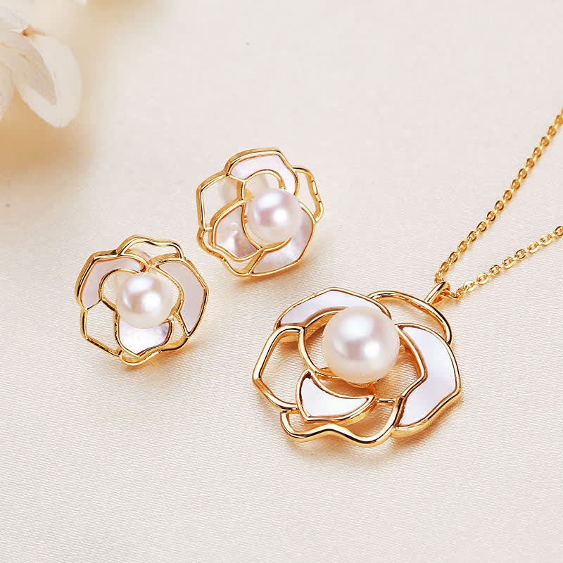Sterlingsilber Kamellie – Echter Naturstein – Sterlingsilber Kamellie Perlen Schmuckset Gold Blütenform Eleganz