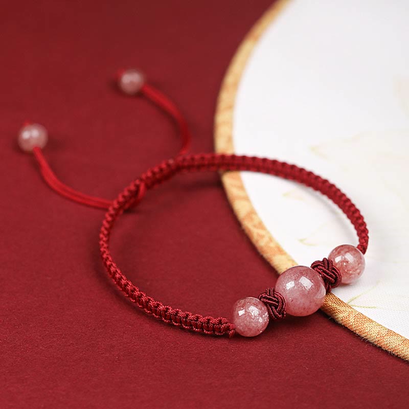 Armband Erdbeerquarz Kristall – Liebe rotes Seidenband elastisch Perlen