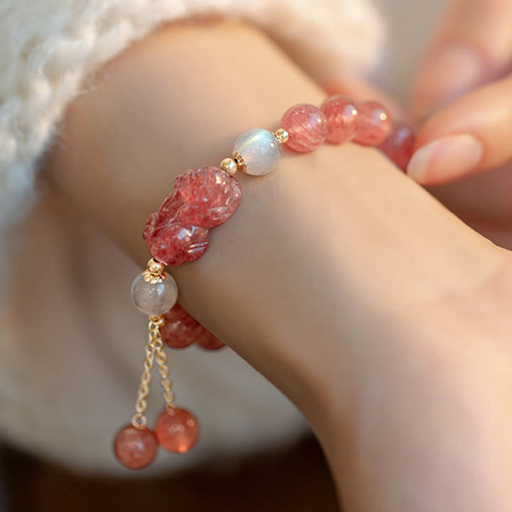 Armband Erdbeerquarz Mondstein Pixiu Handgelenk Heilung Liebe Naturstein