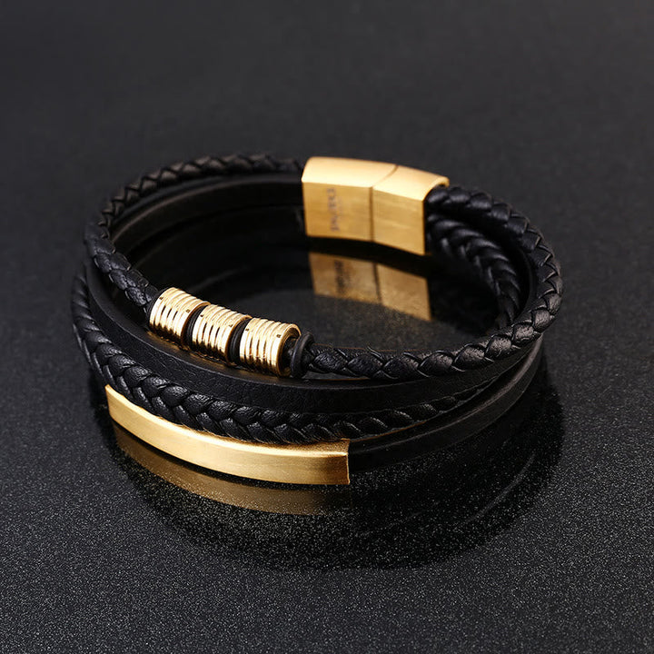 Schwarzes geflochtenes Leder Armband magnetisch mit goldenen Akzenten elegant