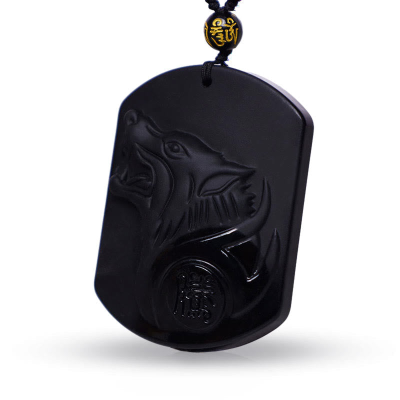 Schwarzer Obsidian Anhänger Wolf Kopf Naturstein Halskette Amulett