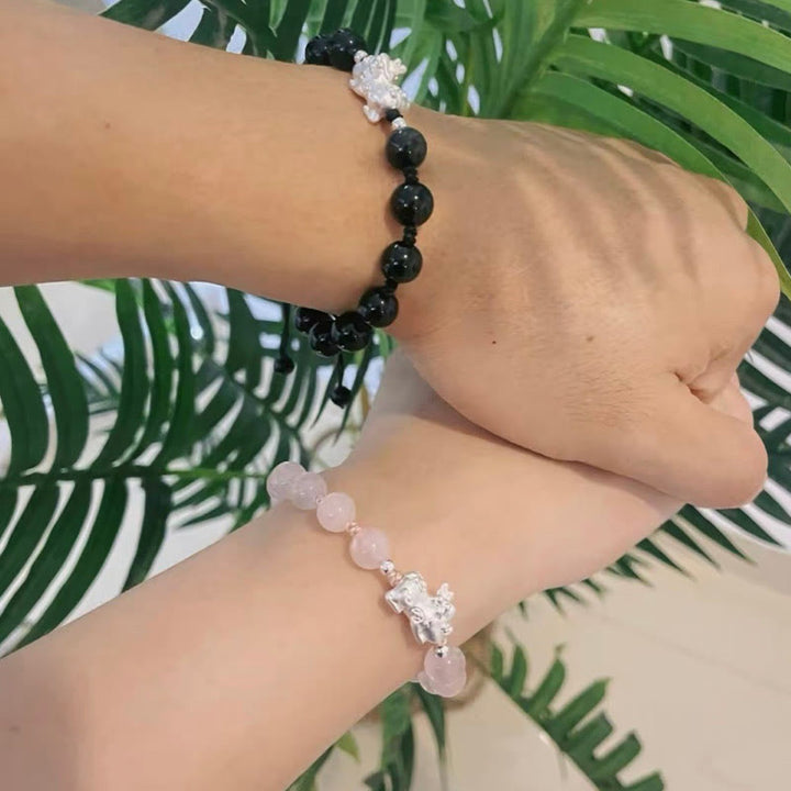 Armband Schwarzer Obsidian Kristall Pixiu Stärke Rosenquarz elegant getragen