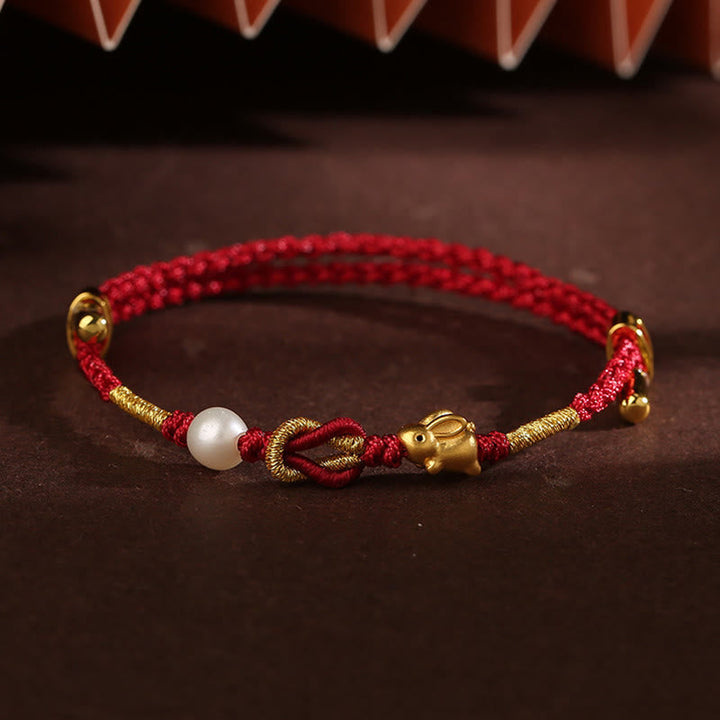 Rotes Armband Perle Fu-Zeichen – Glück Gold elegantes Design