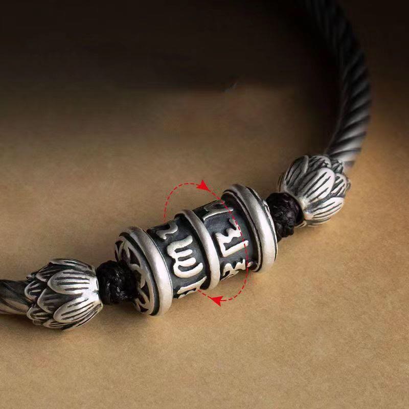 Silbernes Om Mani Padme Hum Armband mit schwarzen Perlen Naturstein