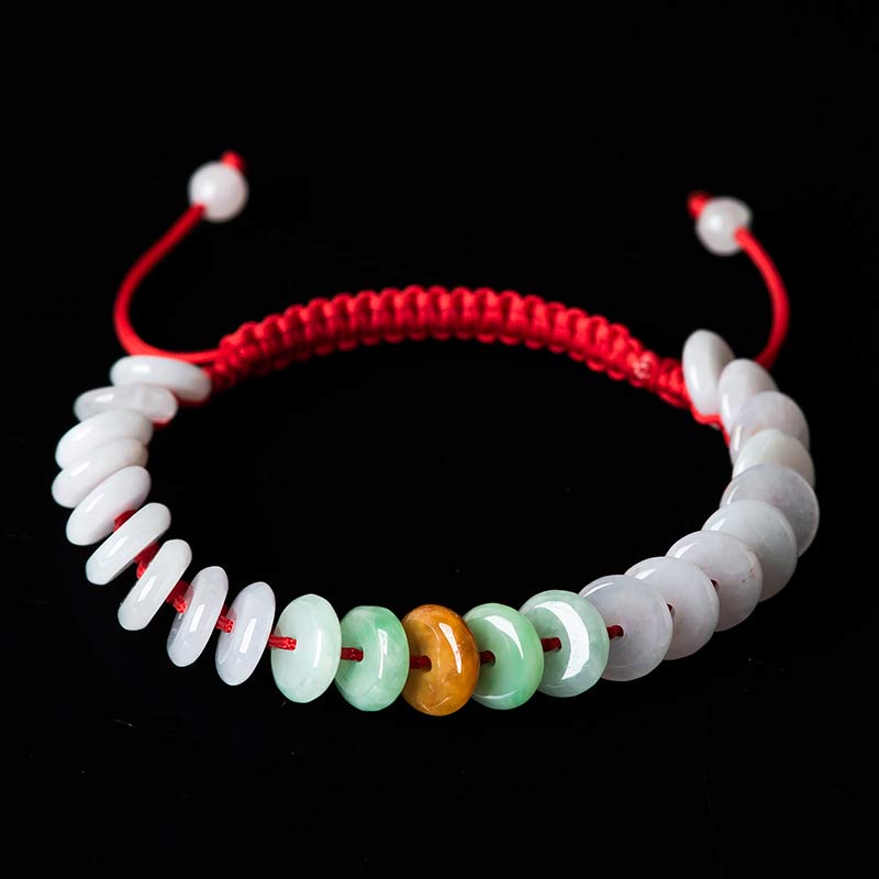 Jade Armband mit weißen und grünen Steinen rotes Seidenband Glück Energie